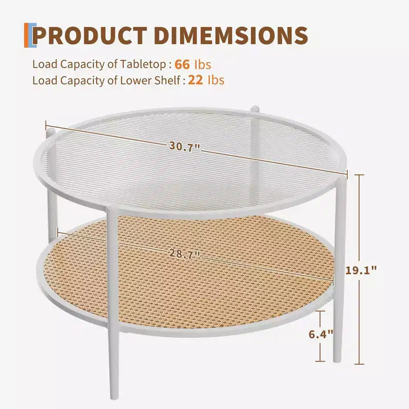 Round Coffee Table with Storage Shelf, 30 Modern Simple 2 Tier Boho Glass Top Metal Center Table, Farmhouse Circular Cocktail Tables for Living Room