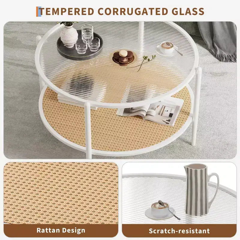 Round Coffee Table with Storage Shelf, 30 Modern Simple 2 Tier Boho Glass Top Metal Center Table, Farmhouse Circular Cocktail Tables for Living Room