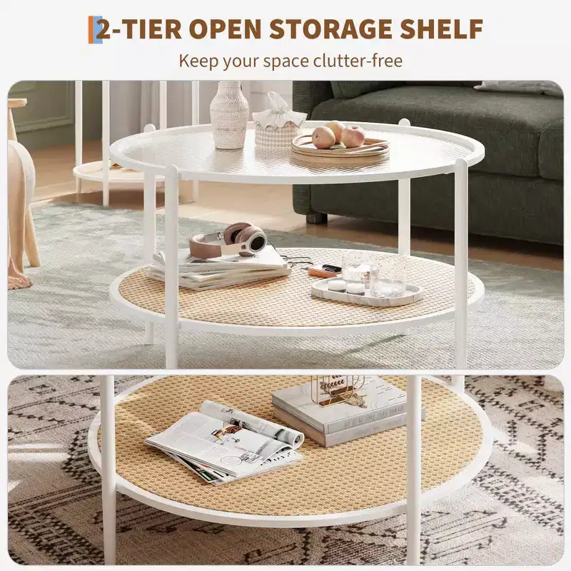 Round Coffee Table with Storage Shelf, 30 Modern Simple 2 Tier Boho Glass Top Metal Center Table, Farmhouse Circular Cocktail Tables for Living Room