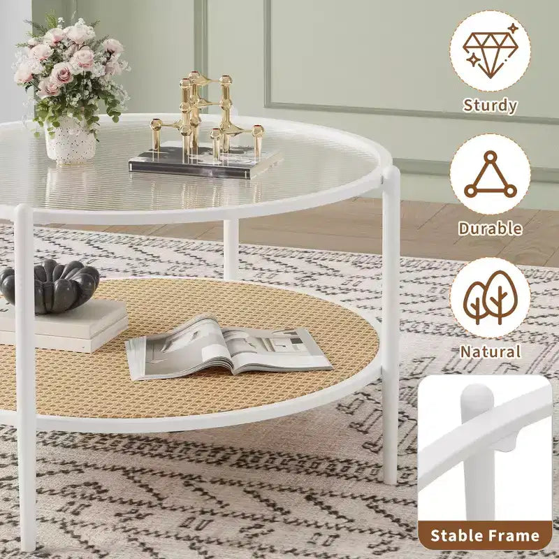 Round Coffee Table with Storage Shelf, 30 Modern Simple 2 Tier Boho Glass Top Metal Center Table, Farmhouse Circular Cocktail Tables for Living Room