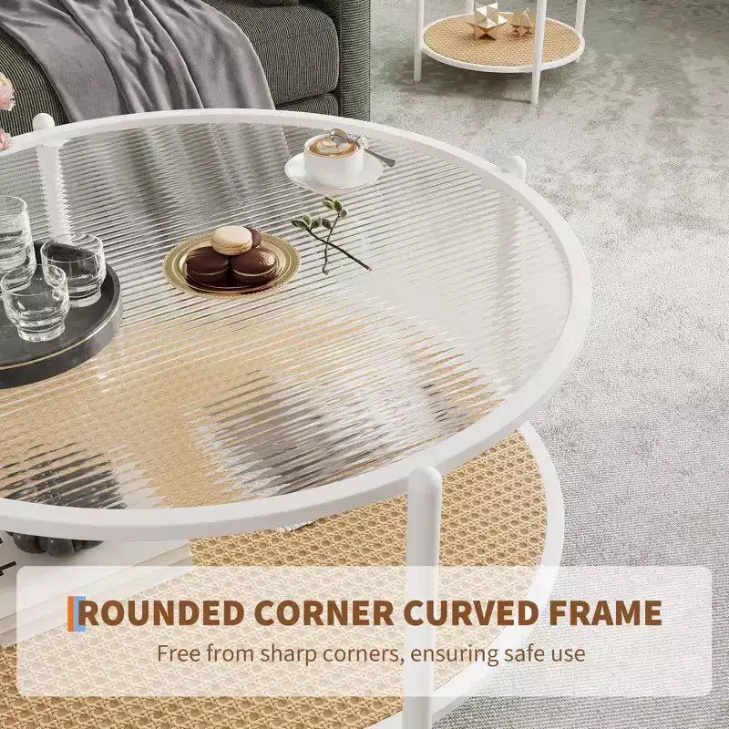 Round Coffee Table with Storage Shelf, 30 Modern Simple 2 Tier Boho Glass Top Metal Center Table, Farmhouse Circular Cocktail Tables for Living Room