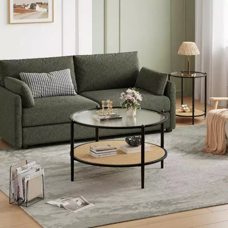 Round Coffee Table with Storage Shelf, 30 Modern Simple 2 Tier Boho Glass Top Metal Center Table, Farmhouse Circular Cocktail Tables for Living Room