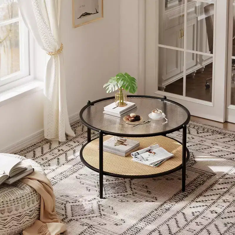 Round Coffee Table with Storage Shelf, 30 Modern Simple 2 Tier Boho Glass Top Metal Center Table, Farmhouse Circular Cocktail Tables for Living Room