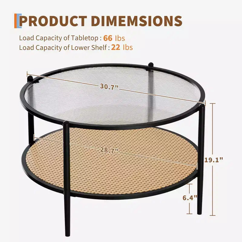 Round Coffee Table with Storage Shelf, 30 Modern Simple 2 Tier Boho Glass Top Metal Center Table, Farmhouse Circular Cocktail Tables for Living Room