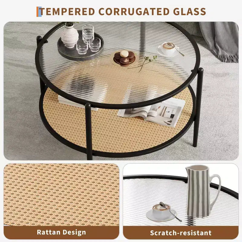 Round Coffee Table with Storage Shelf, 30 Modern Simple 2 Tier Boho Glass Top Metal Center Table, Farmhouse Circular Cocktail Tables for Living Room