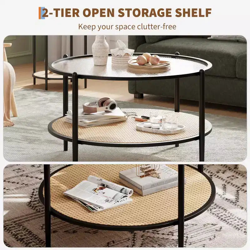 Round Coffee Table with Storage Shelf, 30 Modern Simple 2 Tier Boho Glass Top Metal Center Table, Farmhouse Circular Cocktail Tables for Living Room