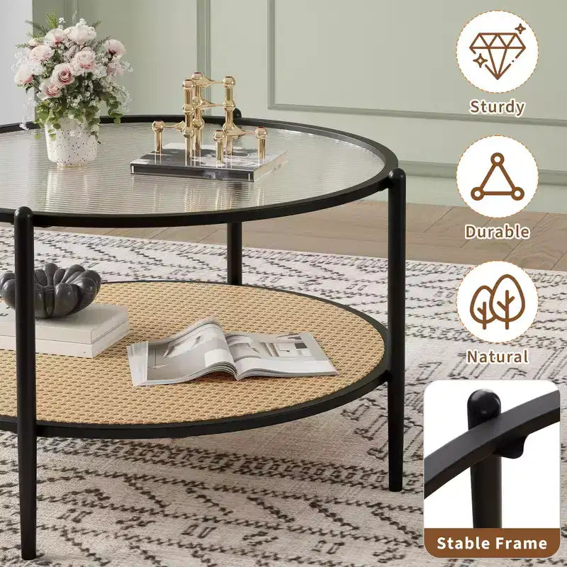 Round Coffee Table with Storage Shelf, 30 Modern Simple 2 Tier Boho Glass Top Metal Center Table, Farmhouse Circular Cocktail Tables for Living Room