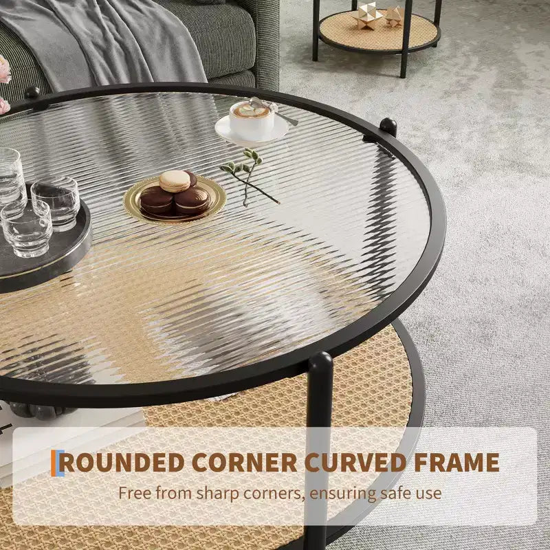 Round Coffee Table with Storage Shelf, 30 Modern Simple 2 Tier Boho Glass Top Metal Center Table, Farmhouse Circular Cocktail Tables for Living Room