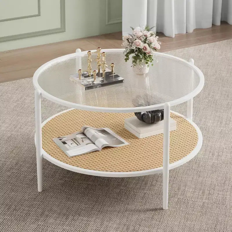 Round Coffee Table with Storage Shelf, 30 Modern Simple 2 Tier Boho Glass Top Metal Center Table, Farmhouse Circular Cocktail Tables for Living Room