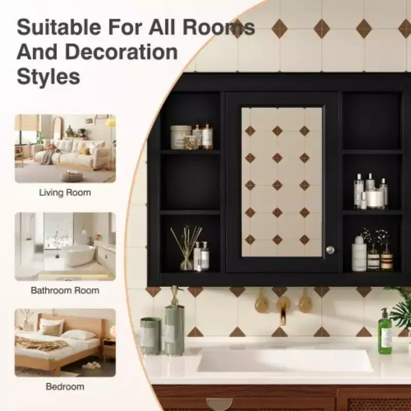 35'' x 27.5'' Medicine Cabinet, Wall Mounted Bathroom Storage Cabinet, Modern Bathroom Wall Cabinet with Mirror, Mirror Cabinet with 6 Open Shelves