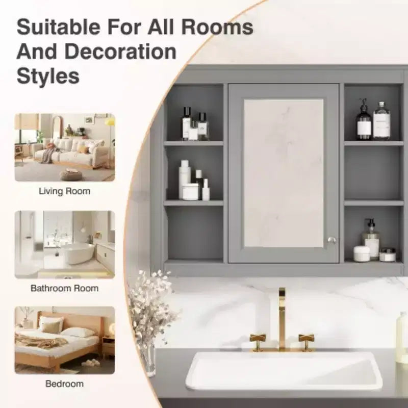 35'' x 27.5'' Medicine Cabinet, Wall Mounted Bathroom Storage Cabinet, Modern Bathroom Wall Cabinet with Mirror, Mirror Cabinet with 6 Open Shelves