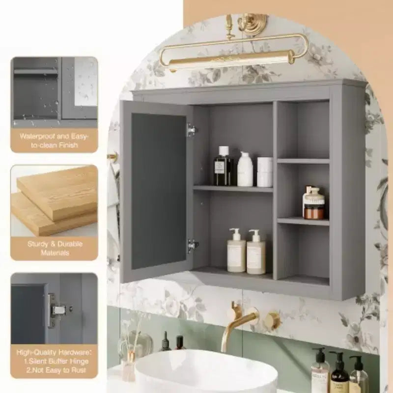 35'' x 27.5'' Medicine Cabinet, Wall Mounted Bathroom Storage Cabinet, Modern Bathroom Wall Cabinet with Mirror, Mirror Cabinet with 6 Open Shelves