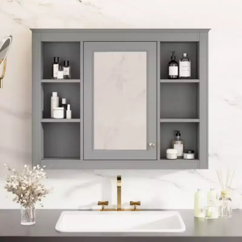 35'' x 27.5'' Medicine Cabinet, Wall Mounted Bathroom Storage Cabinet, Modern Bathroom Wall Cabinet with Mirror, Mirror Cabinet with 6 Open Shelves