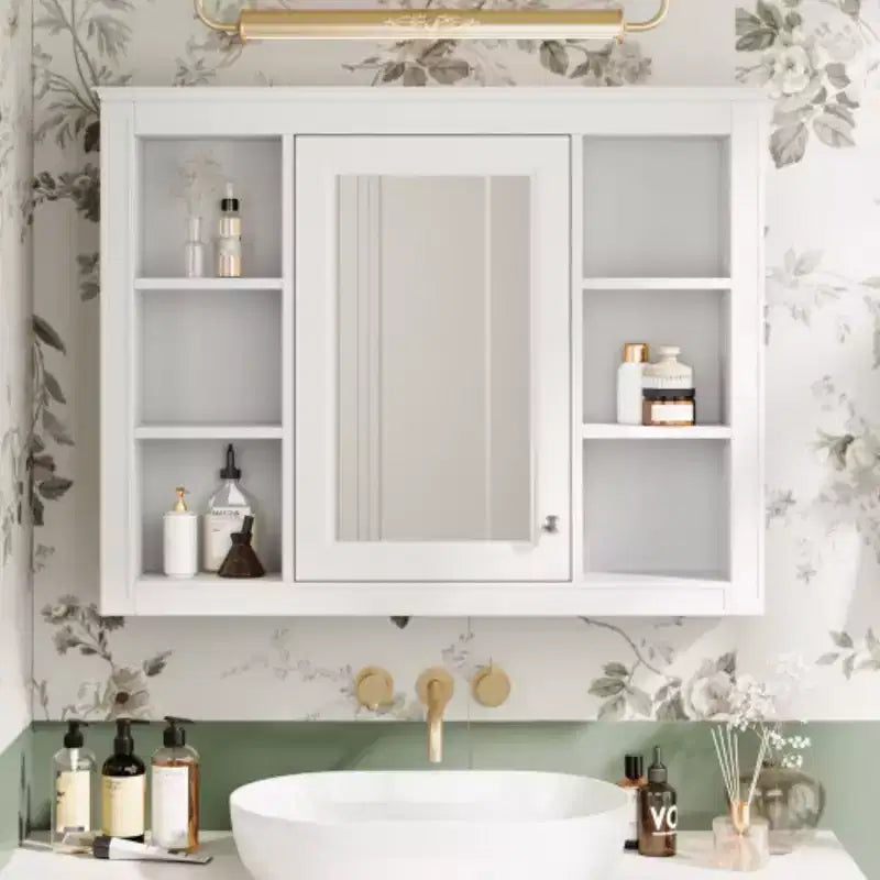 35'' x 27.5'' Medicine Cabinet, Wall Mounted Bathroom Storage Cabinet, Modern Bathroom Wall Cabinet with Mirror, Mirror Cabinet with 6 Open Shelves