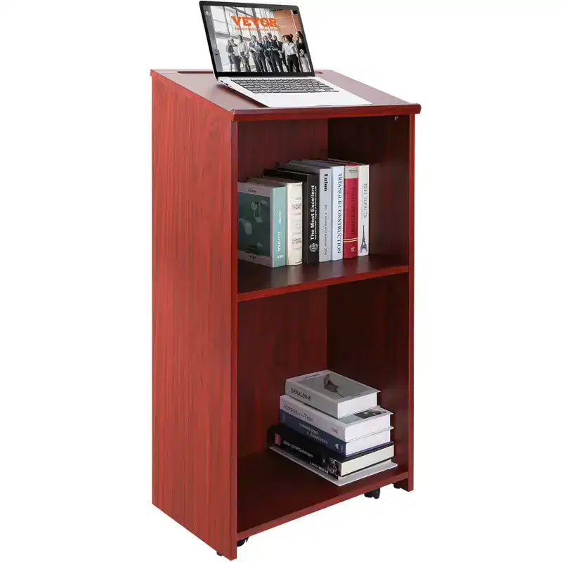VEVOR Podium Stand, 47 inch Hostess Stand with 4 Rolling Wheels, Wood Podium with Storage Shelves and Slant Desktop, Lecterns & Podiums, Brown