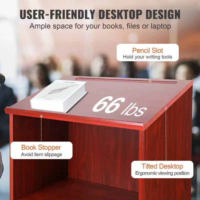VEVOR Podium Stand, 47 inch Hostess Stand with 4 Rolling Wheels, Wood Podium with Storage Shelves and Slant Desktop, Lecterns & Podiums, Brown
