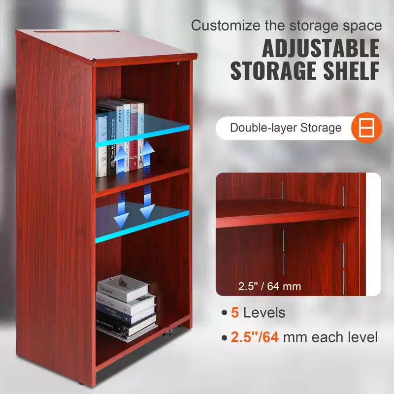 VEVOR Podium Stand, 47 inch Hostess Stand with 4 Rolling Wheels, Wood Podium with Storage Shelves and Slant Desktop, Lecterns & Podiums, Brown