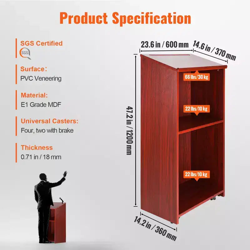 VEVOR Podium Stand, 47 inch Hostess Stand with 4 Rolling Wheels, Wood Podium with Storage Shelves and Slant Desktop, Lecterns & Podiums, Brown