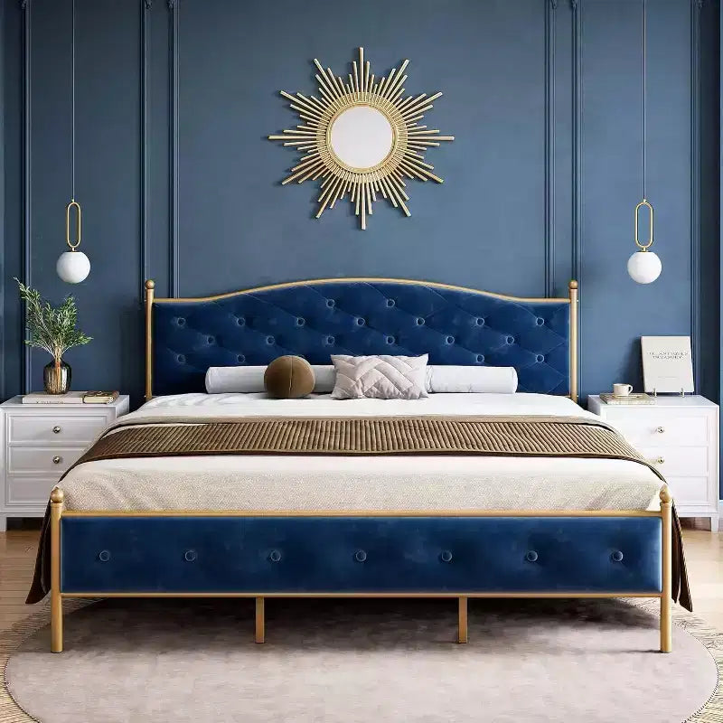 Full Bed Frame with Headboard, Velvet Upholstered, Heavy Duty Mattress Foundation, Wood Slats, No Box Spring, Easy Assembly, Gold and Blue