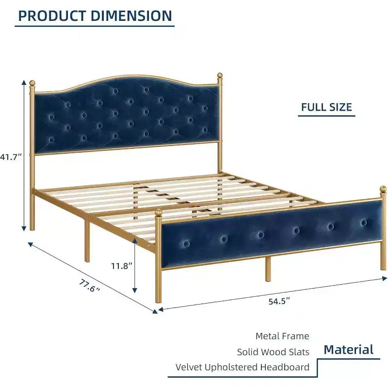 Full Bed Frame with Headboard, Velvet Upholstered, Heavy Duty Mattress Foundation, Wood Slats, No Box Spring, Easy Assembly, Gold and Blue