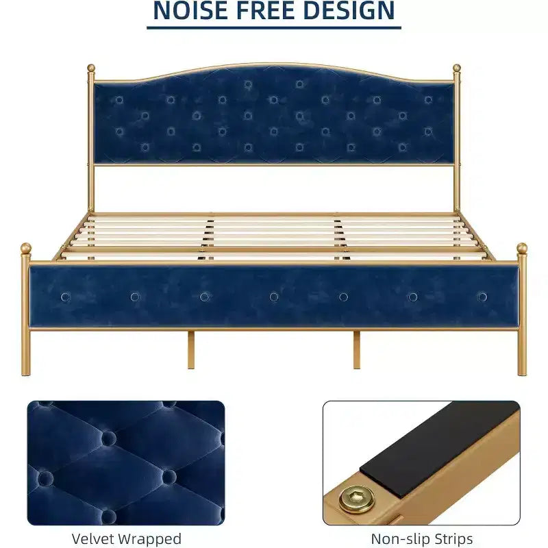 Full Bed Frame with Headboard, Velvet Upholstered, Heavy Duty Mattress Foundation, Wood Slats, No Box Spring, Easy Assembly, Gold and Blue