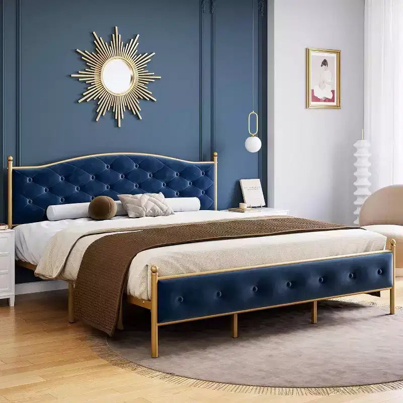 Full Bed Frame with Headboard, Velvet Upholstered, Heavy Duty Mattress Foundation, Wood Slats, No Box Spring, Easy Assembly, Gold and Blue