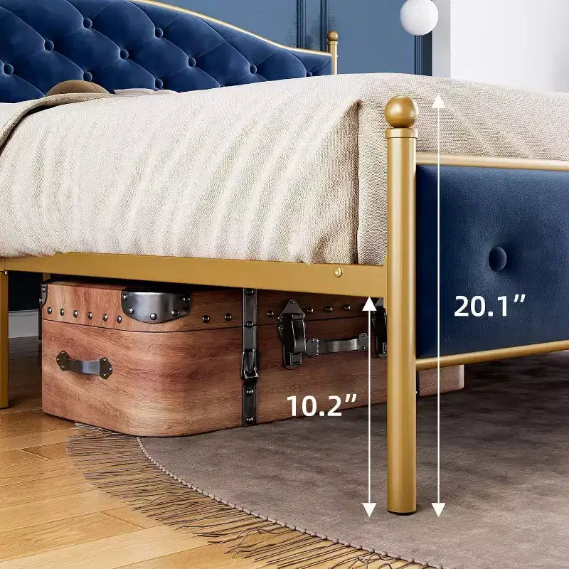 Full Bed Frame with Headboard, Velvet Upholstered, Heavy Duty Mattress Foundation, Wood Slats, No Box Spring, Easy Assembly, Gold and Blue