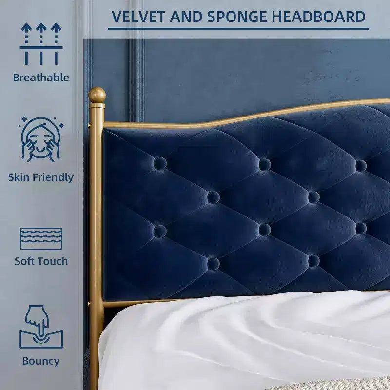 Full Bed Frame with Headboard, Velvet Upholstered, Heavy Duty Mattress Foundation, Wood Slats, No Box Spring, Easy Assembly, Gold and Blue