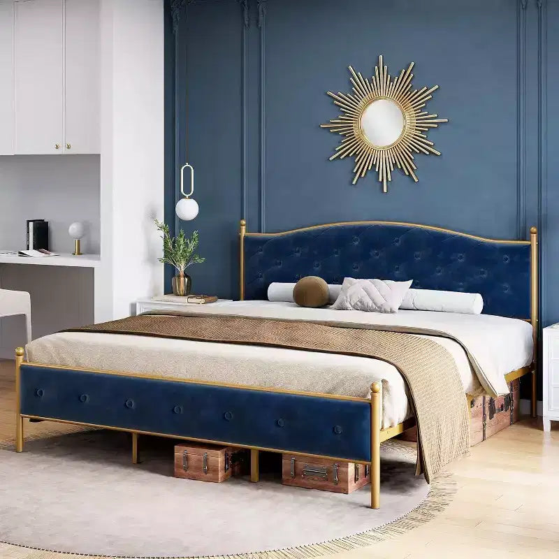 Full Bed Frame with Headboard, Velvet Upholstered, Heavy Duty Mattress Foundation, Wood Slats, No Box Spring, Easy Assembly, Gold and Blue