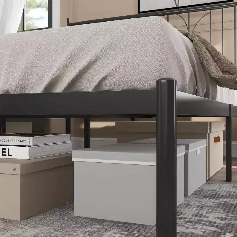 Full Bed Frame, Heavy-Duty Metal Bed Frame, Exquisite Headboard, Ample Storage Space, Sturdy Metal Slats, Easy Assembly, No Box Spring Needed, Black