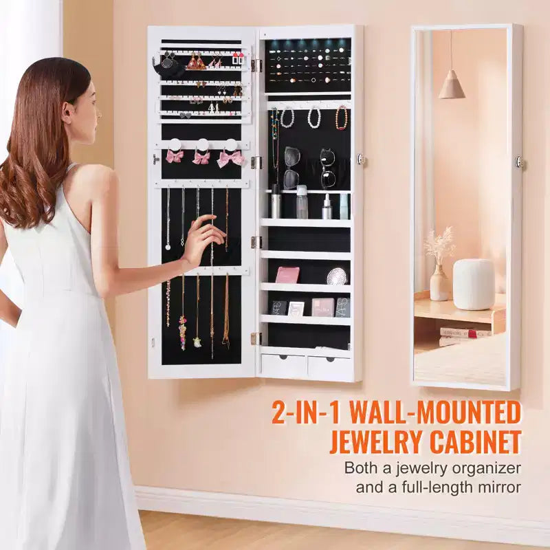 VEVOR Mirror Jewelry Cabinet, 47.05-Inch Tall Lockable Jewelry Cabinet Armoire with Full-Length Mirror, Wall or Door Mounted Jewelry Mirror, White