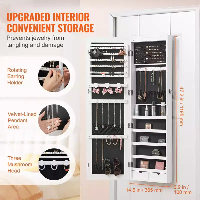 VEVOR Mirror Jewelry Cabinet, 47.05-Inch Tall Lockable Jewelry Cabinet Armoire with Full-Length Mirror, Wall or Door Mounted Jewelry Mirror, White