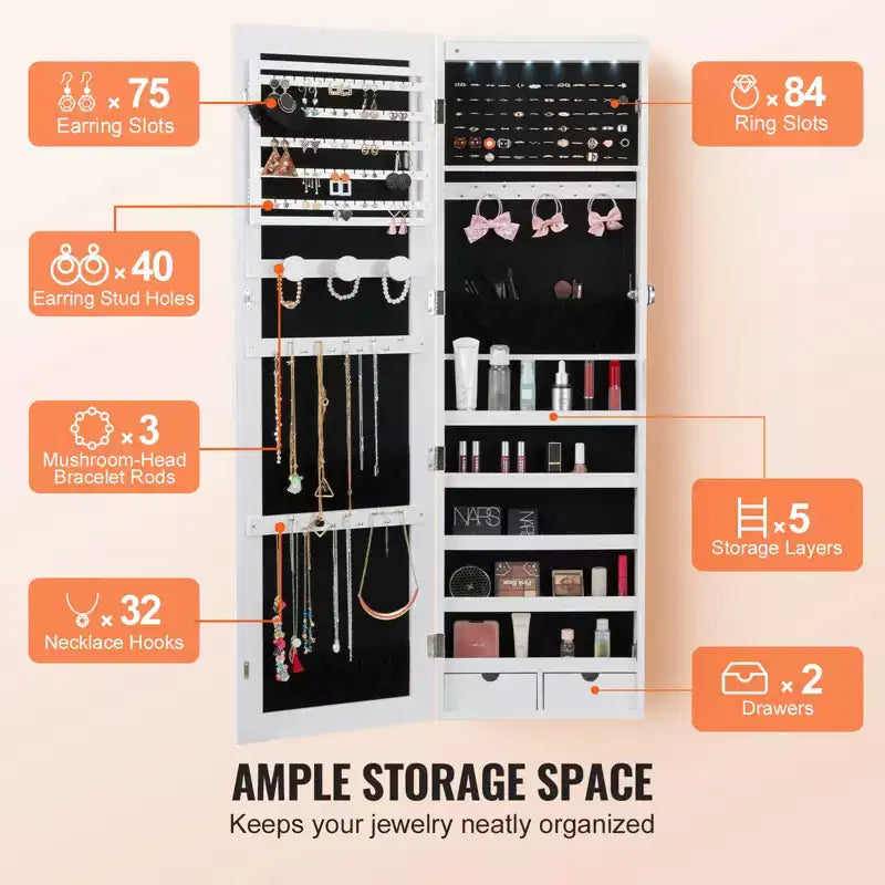 VEVOR Mirror Jewelry Cabinet, 47.05-Inch Tall Lockable Jewelry Cabinet Armoire with Full-Length Mirror, Wall or Door Mounted Jewelry Mirror, White