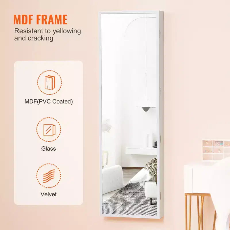 VEVOR Mirror Jewelry Cabinet, 47.05-Inch Tall Lockable Jewelry Cabinet Armoire with Full-Length Mirror, Wall or Door Mounted Jewelry Mirror, White