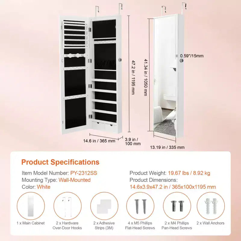 VEVOR Mirror Jewelry Cabinet, 47.05-Inch Tall Lockable Jewelry Cabinet Armoire with Full-Length Mirror, Wall or Door Mounted Jewelry Mirror, White