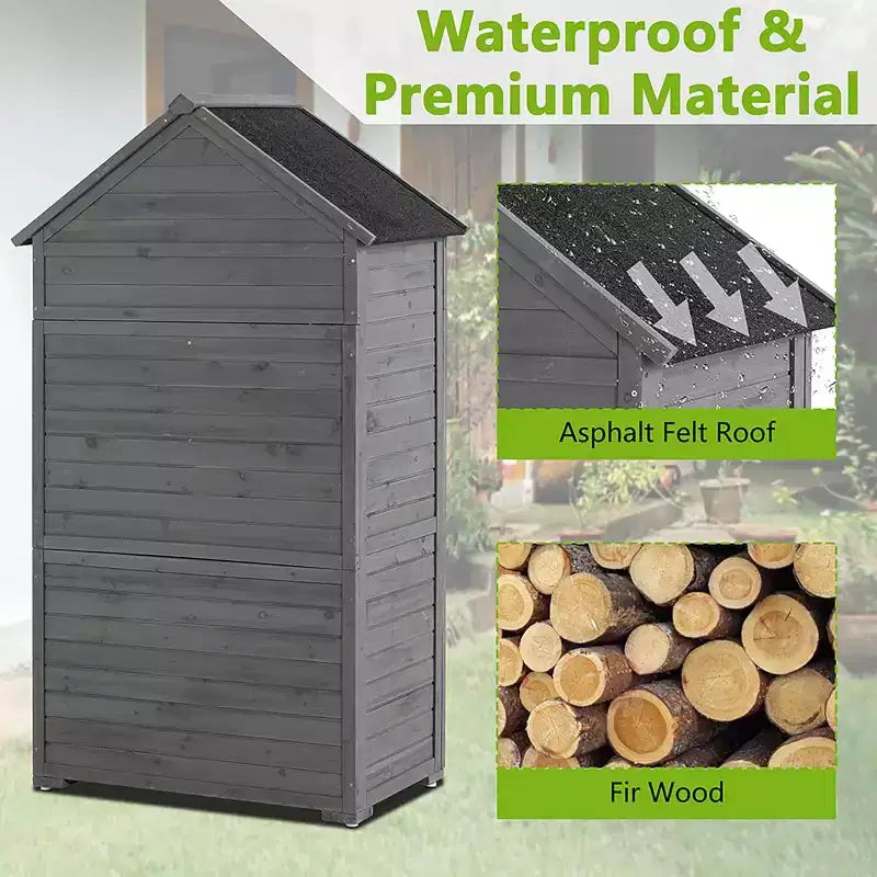 Outdoor Storage Cabinet, Wood Garden Tall Shed,Outside Vertical Shed with 3 Shelves,Waterproof Outside Garden Storage Cabinet, Grey