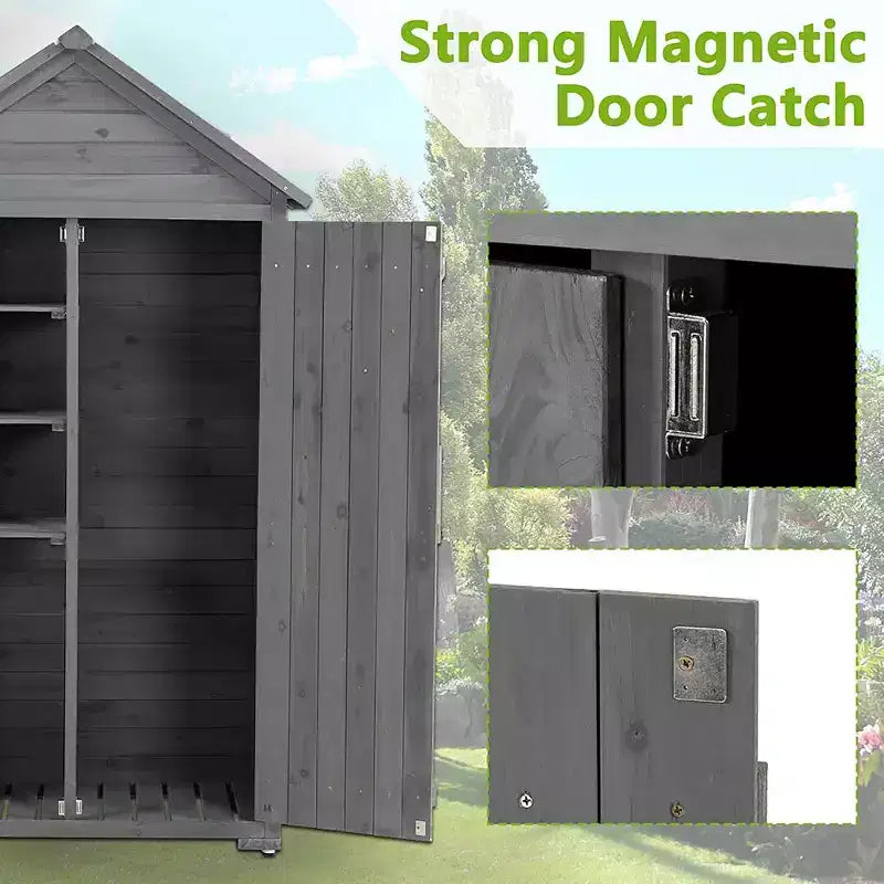 Outdoor Storage Cabinet, Wood Garden Tall Shed,Outside Vertical Shed with 3 Shelves,Waterproof Outside Garden Storage Cabinet, Grey