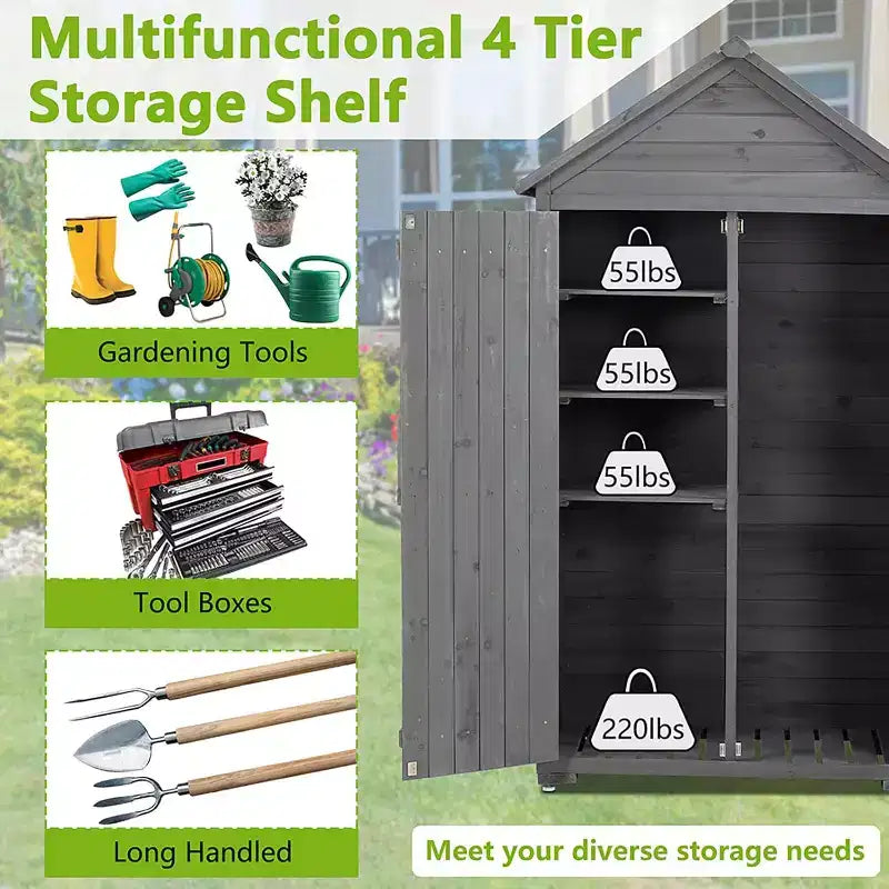 Outdoor Storage Cabinet, Wood Garden Tall Shed,Outside Vertical Shed with 3 Shelves,Waterproof Outside Garden Storage Cabinet, Grey