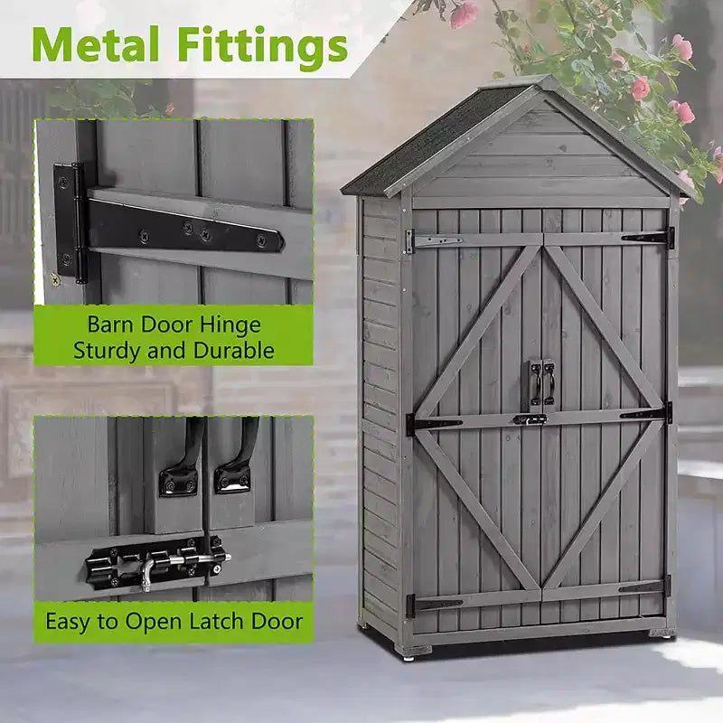 Outdoor Storage Cabinet, Wood Garden Tall Shed,Outside Vertical Shed with 3 Shelves,Waterproof Outside Garden Storage Cabinet, Grey