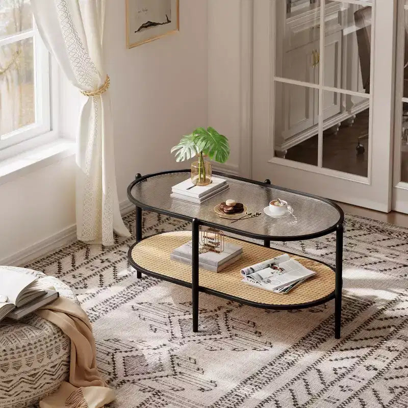 Farmhouse Rattan Coffe Table with Storage Shelf,Water-Wave GlassTabletop Cocktail Tea Table