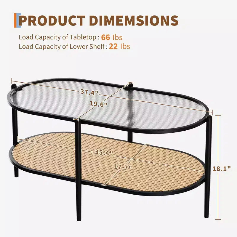 Farmhouse Rattan Coffe Table with Storage Shelf,Water-Wave GlassTabletop Cocktail Tea Table