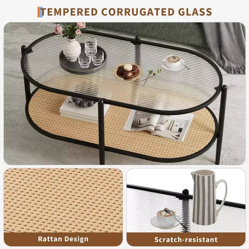 Farmhouse Rattan Coffe Table with Storage Shelf,Water-Wave GlassTabletop Cocktail Tea Table
