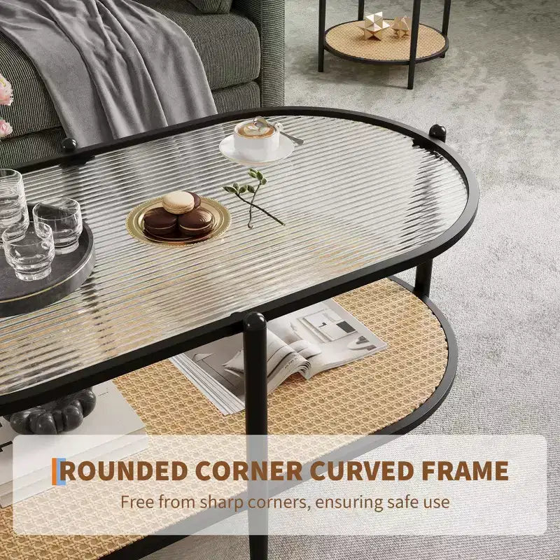Farmhouse Rattan Coffe Table with Storage Shelf,Water-Wave GlassTabletop Cocktail Tea Table