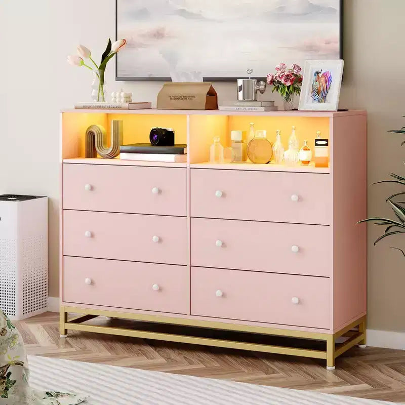 6 Drawer Double Dresser TV Stand, Bedroom Dresser with Power Outlet & LED Light, Wood Dresser for Room, Hallway, White