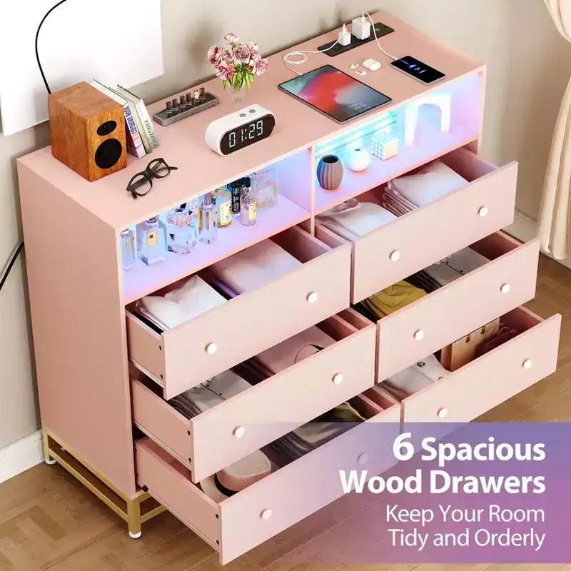 6 Drawer Double Dresser TV Stand, Bedroom Dresser with Power Outlet & LED Light, Wood Dresser for Room, Hallway, White