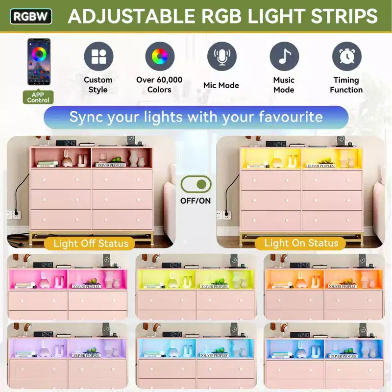 6 Drawer Double Dresser TV Stand, Bedroom Dresser with Power Outlet & LED Light, Wood Dresser for Room, Hallway, White