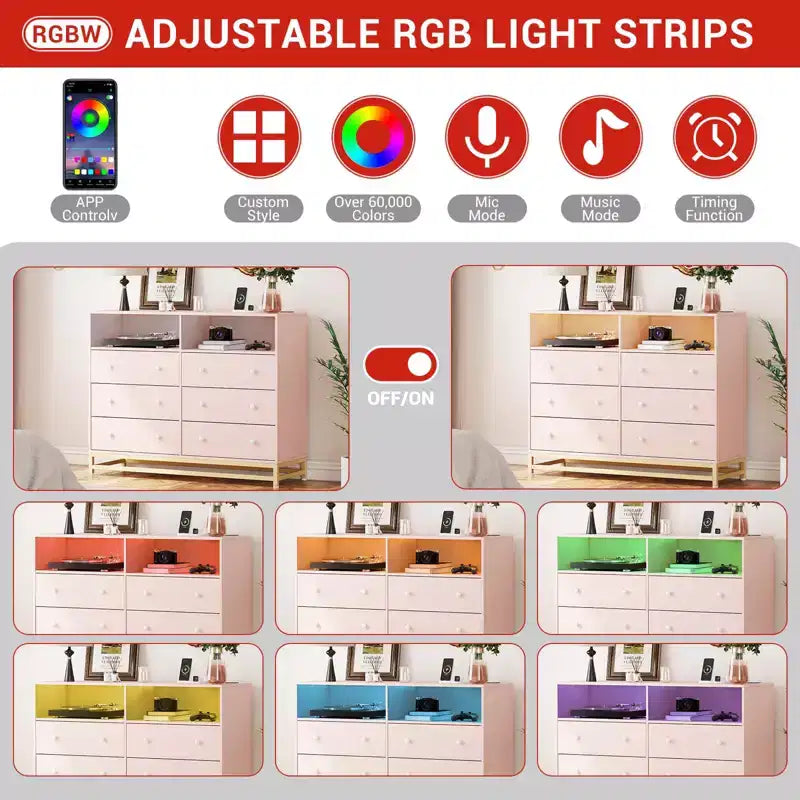 6 Drawer Double Dresser TV Stand, Bedroom Dresser with Power Outlet & LED Light, Wood Dresser for Room, Hallway, White