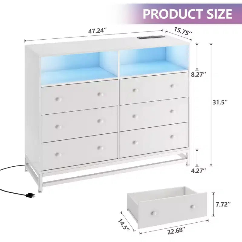 6 Drawer Double Dresser TV Stand, Bedroom Dresser with Power Outlet & LED Light, Wood Dresser for Room, Hallway, White