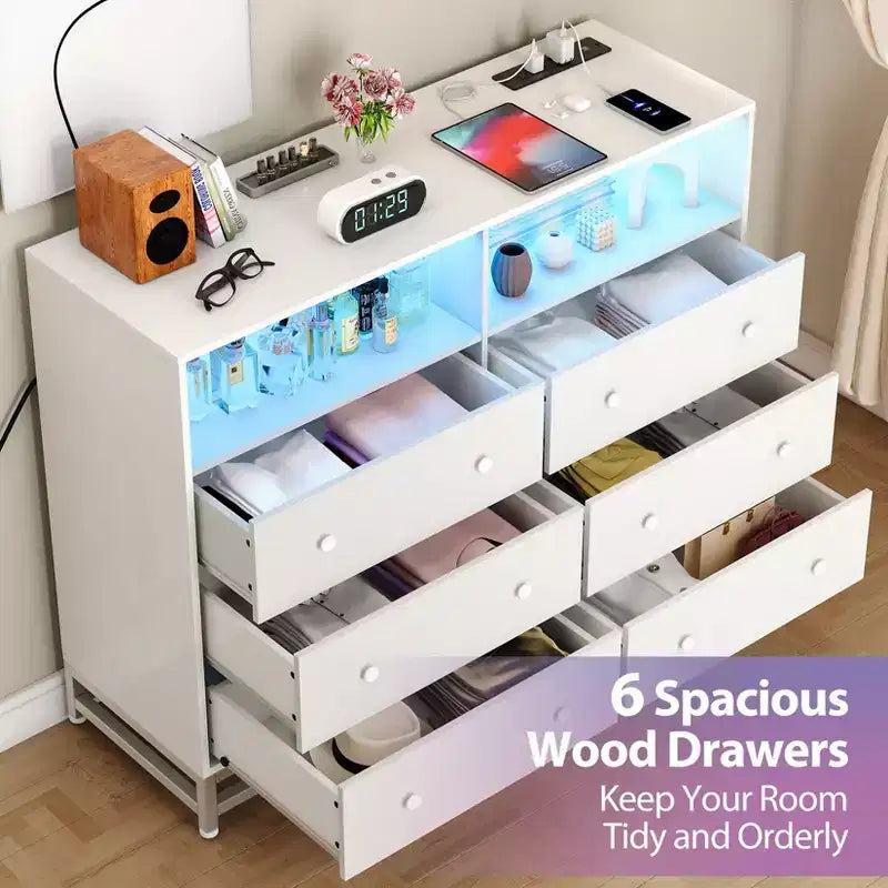 6 Drawer Double Dresser TV Stand, Bedroom Dresser with Power Outlet & LED Light, Wood Dresser for Room, Hallway, White