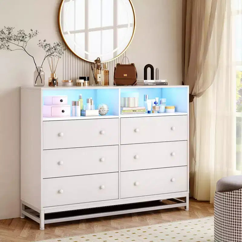 6 Drawer Double Dresser TV Stand, Bedroom Dresser with Power Outlet & LED Light, Wood Dresser for Room, Hallway, White